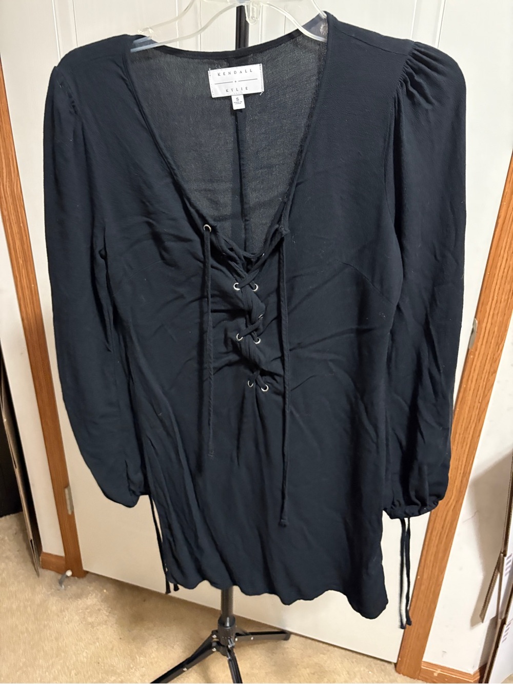 Kendall & Kylie Black Long-Sleeve Lace-Up V-Neck Mini Dress
